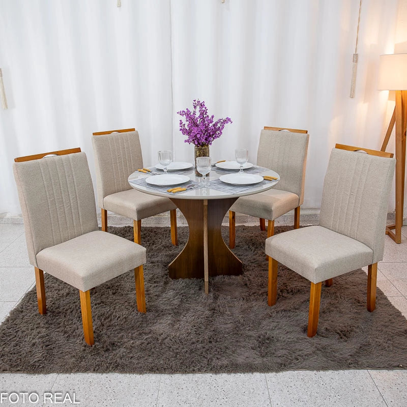 Mesa de Jantar Siena Redonda 100cm Vidro Off/Base Cinamomo + 4 Cad. Atlanta Linho Bege Cru Madeira Minas Plac - Entregue Montada
