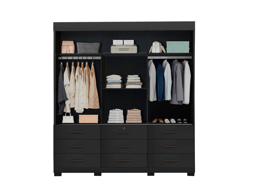 Guarda-Roupa Itapema 2,20m 3 portas de correr com espelho 9 gavetas – Preto - Móveis furniture