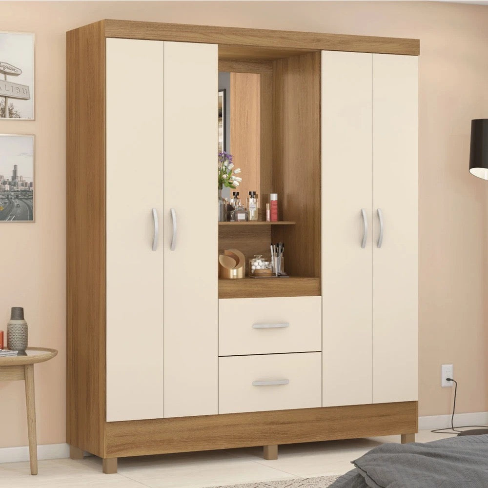 Guarda Roupa Capelinha Lord Solteiro com Espelho 4 Portas 3 Gavetas Demobile amêndoa off