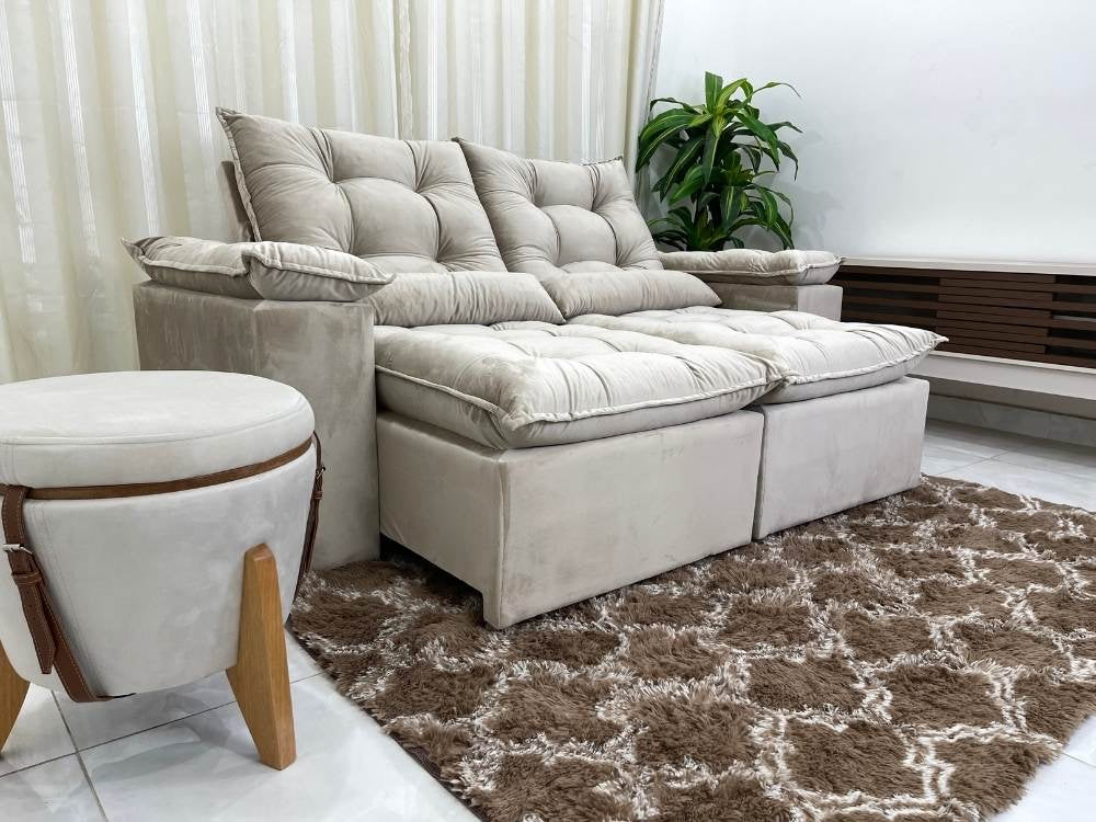 Sofá Retrátil Reclinável Atenas 2.00m – Bege Veludo - Móveis furniture