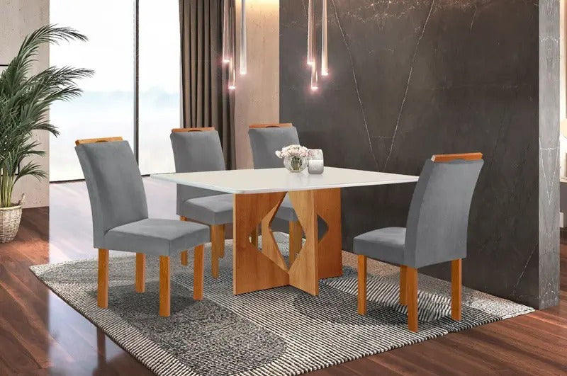 Conjunto Mesa Milao 120x80 Tmp Londres MDF.Vdr Cinamomo.Off White com 4Cds Marselha Veludo Grafite Tec 171 CEL Moveis - Móveis furniture