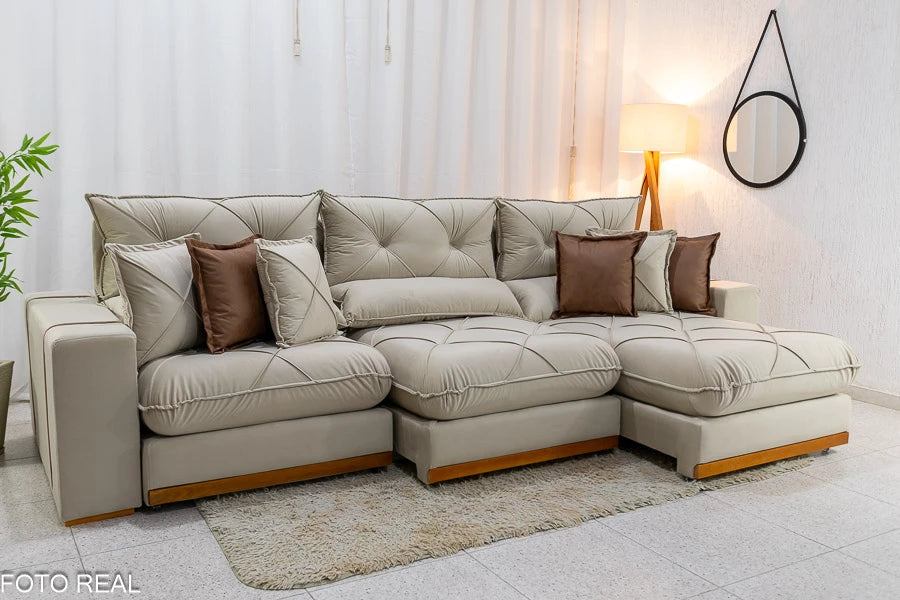 Sofá Retrátil Reclinável Gran Bello 3.20m Veludo Bege - D33 e Molas Ensacadas
