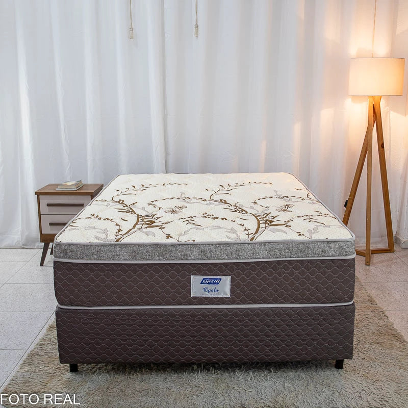 Box Casal Universal Marrom Bordado + Colchão Opala Casal 138x188x72 Molas Ensacadas - Gazin