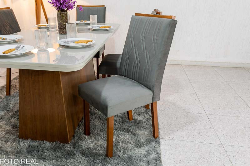 Mesa Jantar Luna Imbuia Tampo Vidro Off Canto Copo 180×90 6 Cadeiras Alegra Veludo Grafite Madeira Maciça Rufato - Móveis furniture