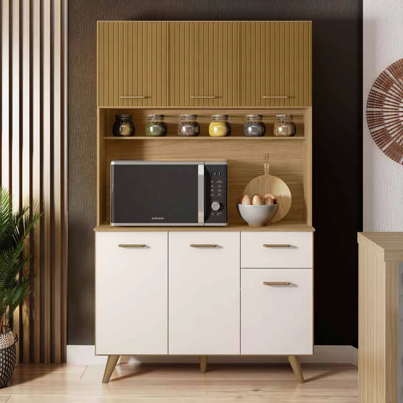 Kit Cozinha Lívia Ripado 3D 6 Portas 1 Gaveta Larg. 1.10m Freijó/Off Poliman - Móveis furniture