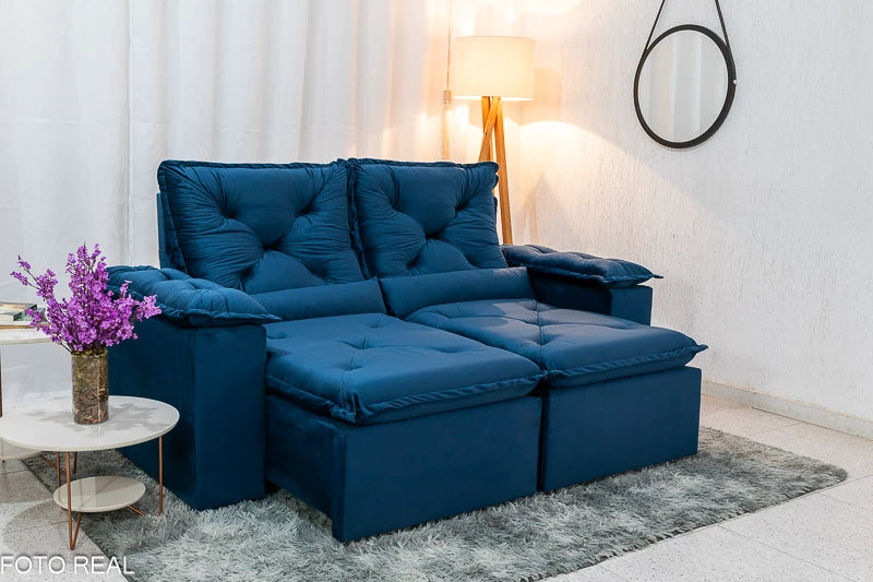 Sofá Retrátil Reclinável 2.00m Texas Veludo Azul - Móveis furniture