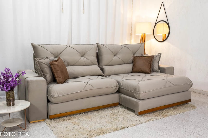 Sofá Retrátil Reclinável Gran Bello Veludo Capuccino Larg. 2.90m - D33 e Molas Ensacadas