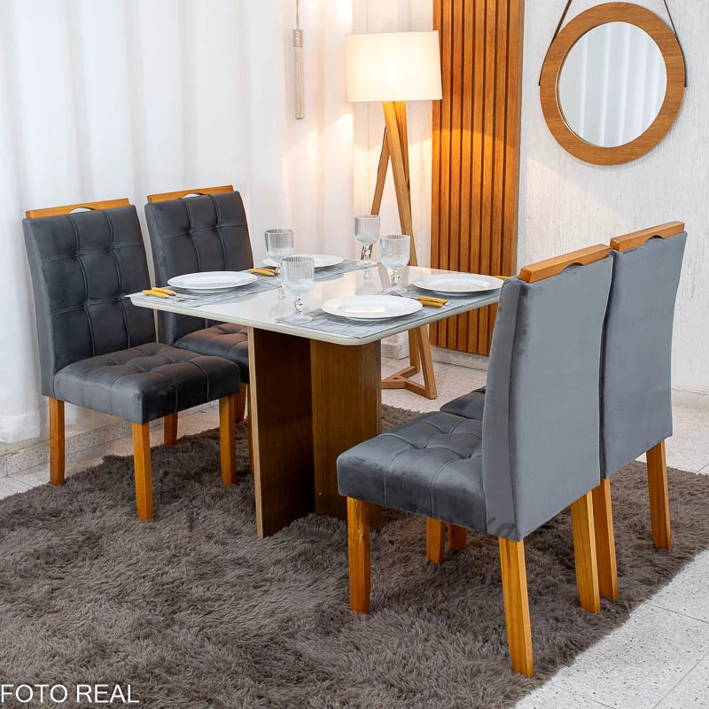 Mesa de Jantar Moscou 90x90 Cinamomo/Off Tampo Vidro Off 4 Cadeiras Londres Veludo Chumbo Madeira Maciça Minas Plac -
