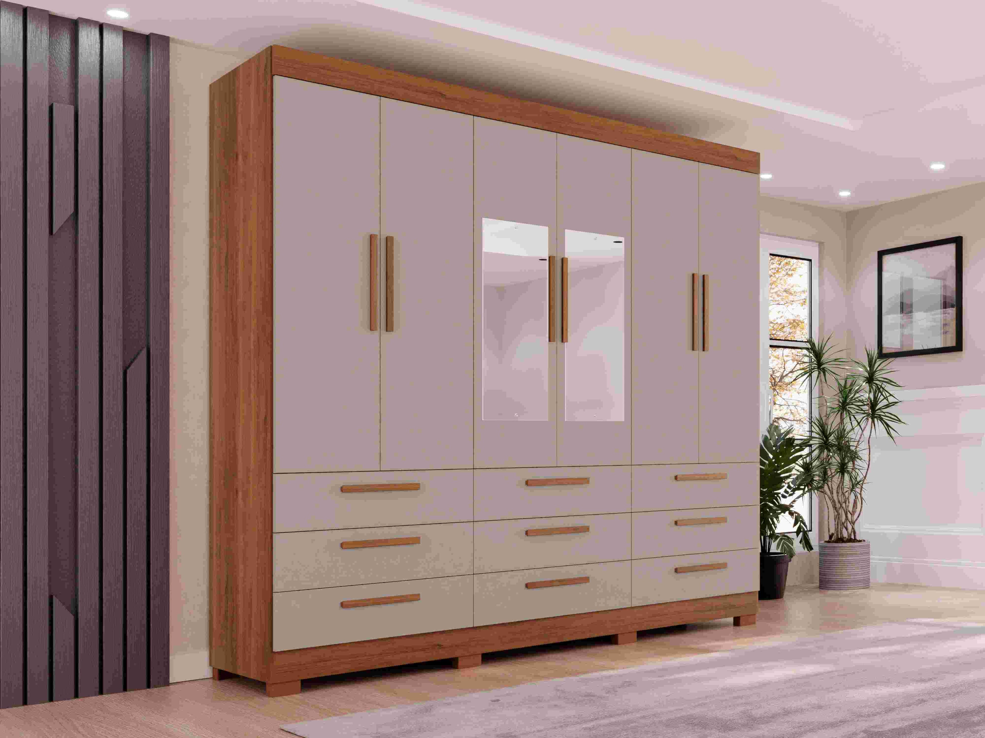 Roupeiro Dinamarca 6P9G com Pes e Espelhos Cinamomo.Off White Salleto