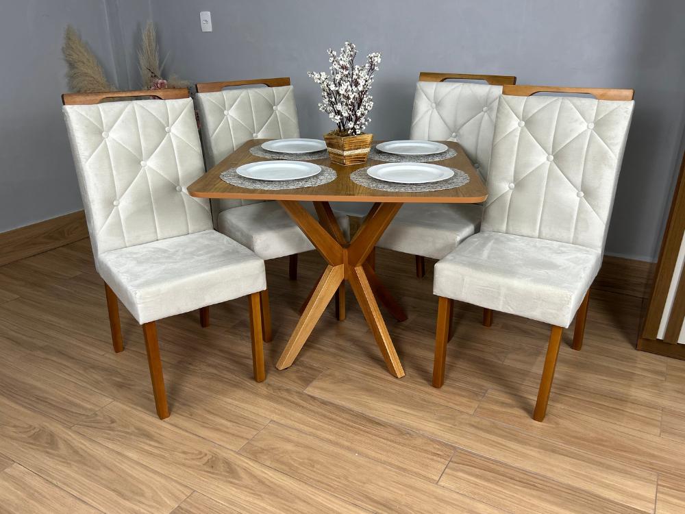 Mesa de Jantar Simpatia 0,90×0,90 Quadrada Com 4 cadeiras Jasmim – Cinamomo/Bege