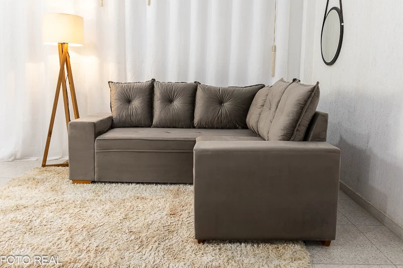 Sofá Canto 5 lugares Cuiabá Veludo Cinza - Móveis furniture