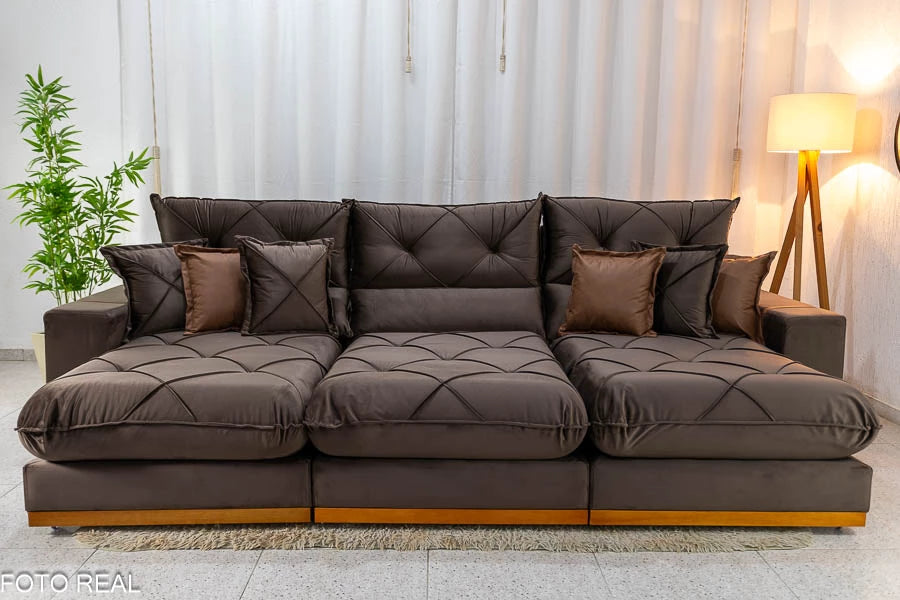 Sofá Retrátil Reclinável Gran Bello 3.20m Veludo Marrom - D33 e Molas Ensacadas