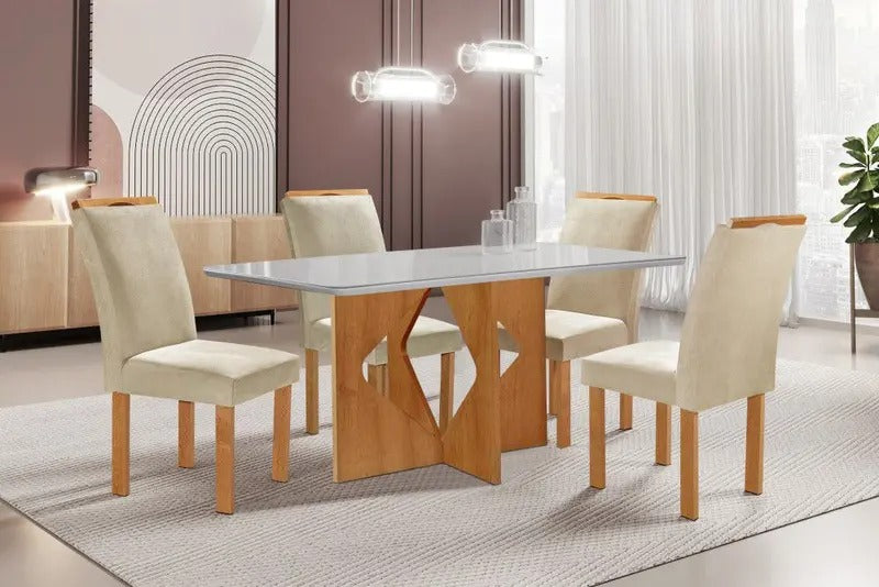 Conjunto Mesa Milao 120x80 Tmp Londres MDF.Vdr Cinamomo.Off White com 4Cds Marselha Veludo Bege Tec 168 CEL Moveis - Móveis furniture