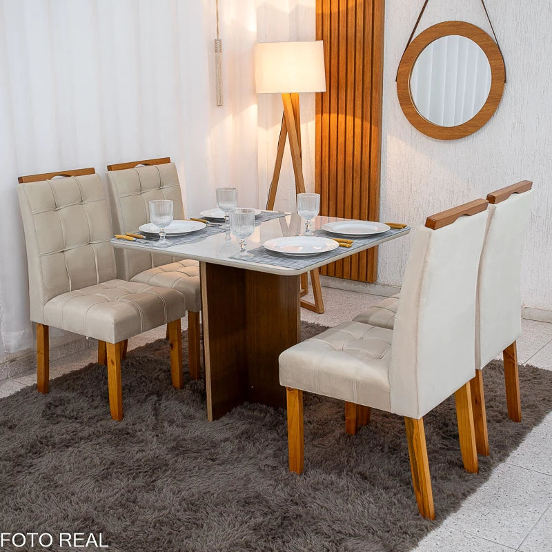 Mesa de Jantar Moscou 90x90 Cinamomo/Off Tampo Vidro Off 4 Cadeiras Londres Veludo Avelã Madeira Maciça Minas Plac -