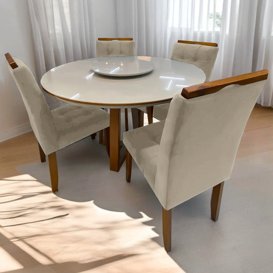 Mesa Redonda Atlanta 120 Cinamono/Off White com 4 Cadeiras Sophia/Capri Veludo Bege – MINASPLAC + WM DECOR