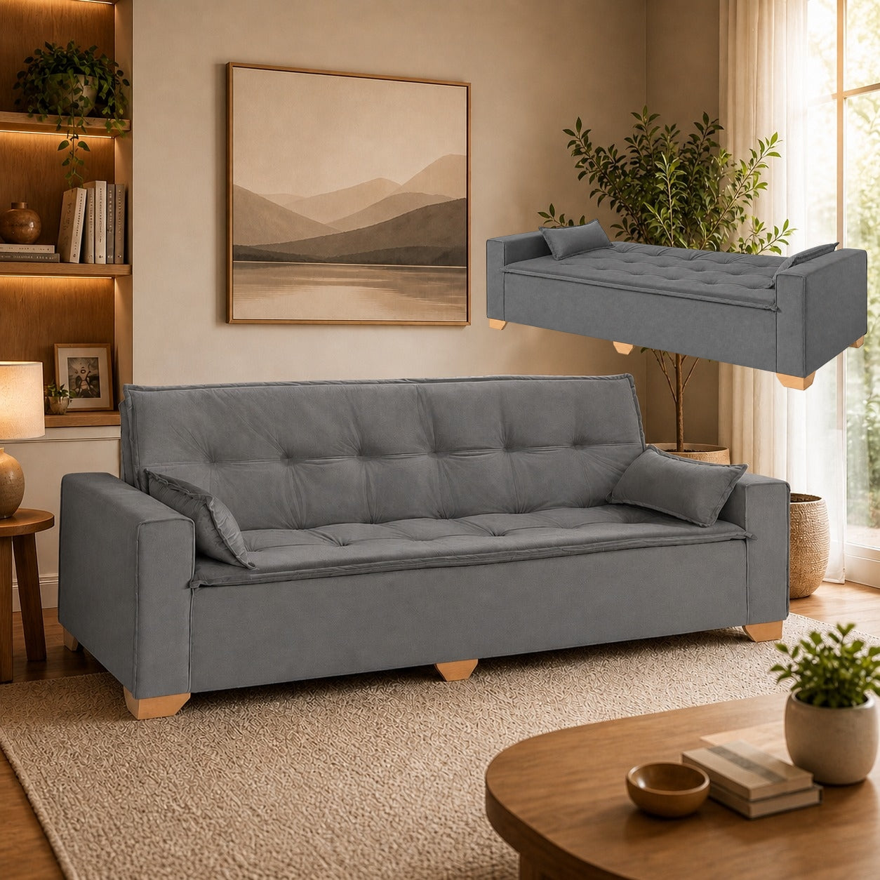 Sofá Cama Canadá 2,18 m Veludo Cinza 195 – TOP ESTOFADOS