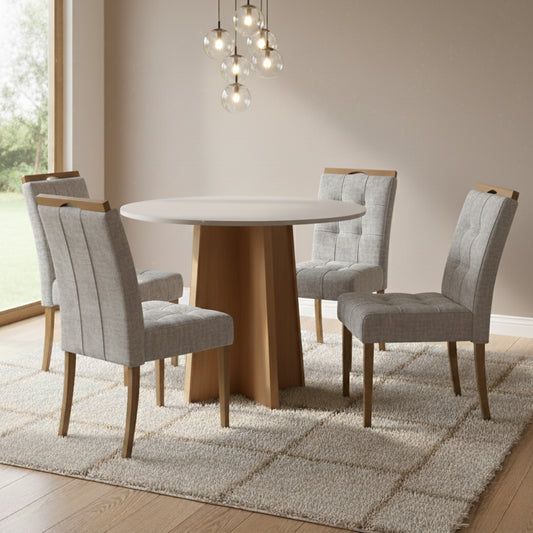 Mesa Redonda Celebrare 100 Amêndoa Clean/Off White com 4 Cadeiras Sophia Linho Cinza Prata 206 – LOPAS + WM DECOR