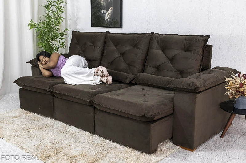 Sofá Retrátil Reclinável 2.70m Roma Veludo Marrom 19 - D28 Soft - Móveis furniture