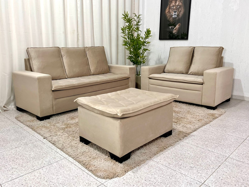 Sofá 3 e 2 lugares França com Puff Veludo Bege A32 - Móveis furniture