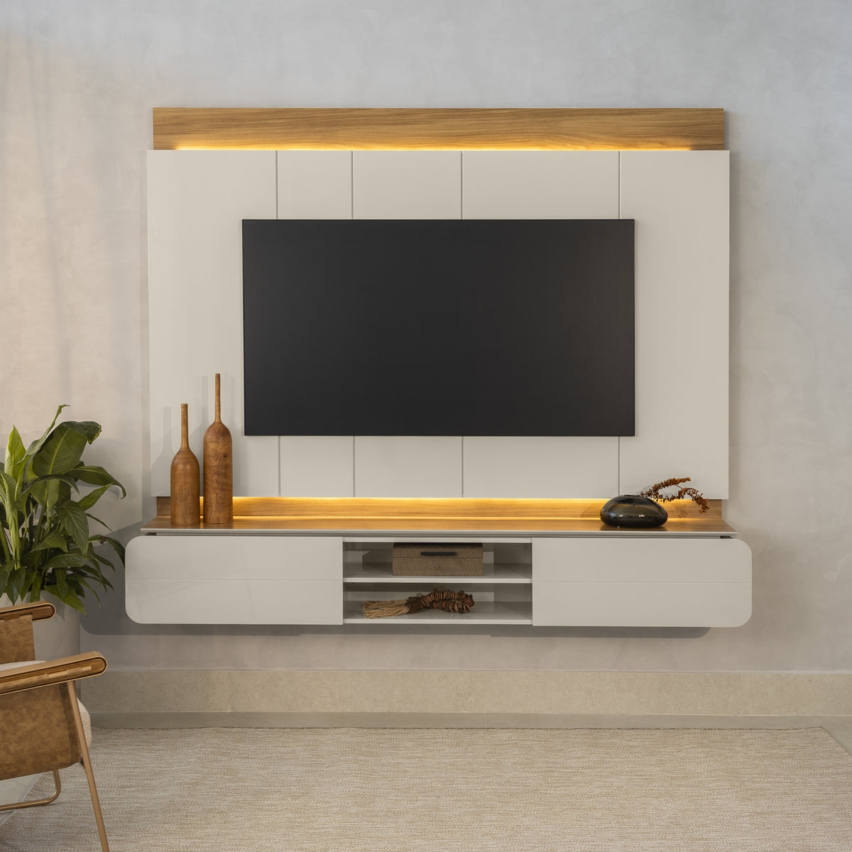 Painel Home até 75″ Zurique Tauari/Off White Brilho – LINEA BRASIL