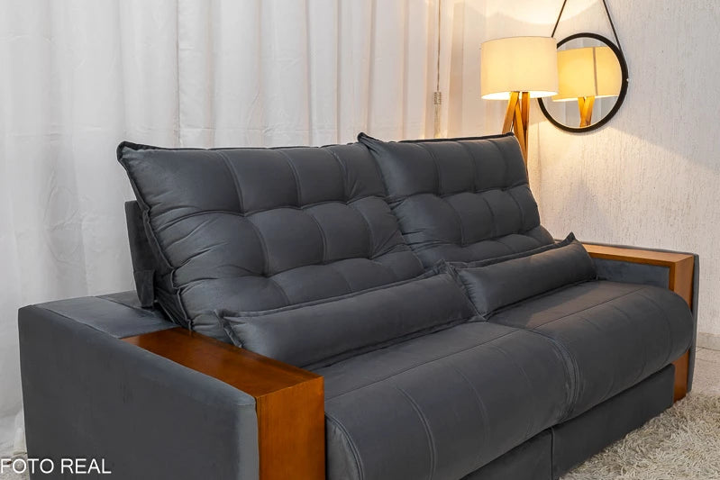 Sofá Retrátil Reclinável 2.30m Gênova Veludo Cinza - Molas Ensacadas
