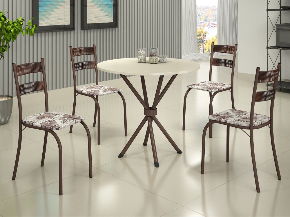 Conjunto Mesa Tubular Macaé Tampo Circular 0.75 Com 4 Cadeiras Ratam – Marrom/Off White - Móveis furniture