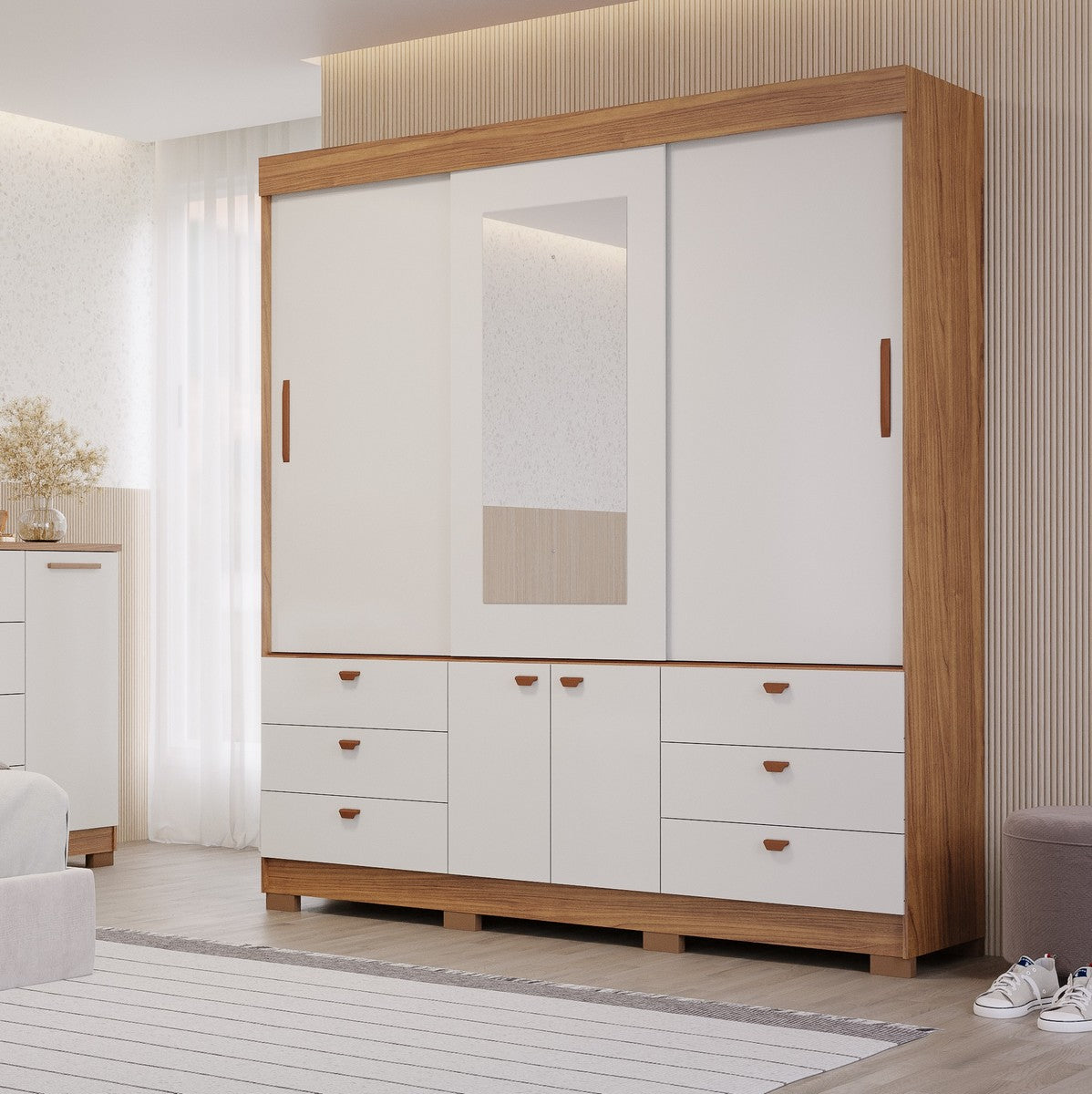 Guarda-Roupa 3 Portas Slide Alice 1,92 m Cinamono/Off White – PANAN MÓVEIS - Móveis furniture