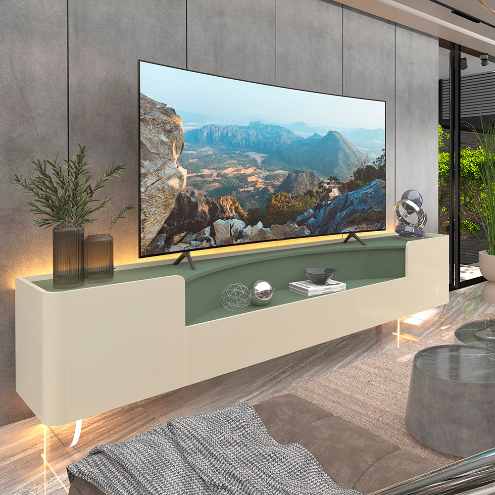 Rack Infinity 230 2P2G com Pes de Vidro Off White.Verde Floresta Gelius - Móveis furniture