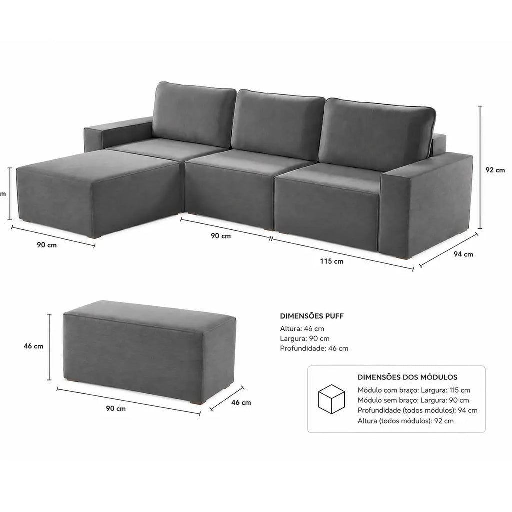 Sofá Modular Lecanton em Veludo 4 Peças 5 Lugares Império