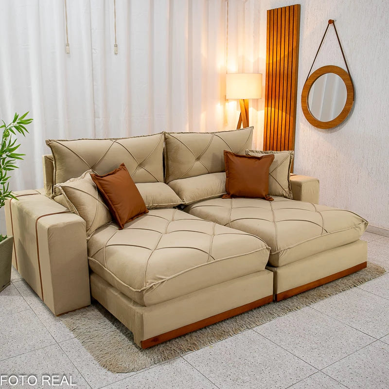 Sofá Retrátil Reclinável 2.50m Gran Bello Veludo Bege - D33 e Molas Ensacadas