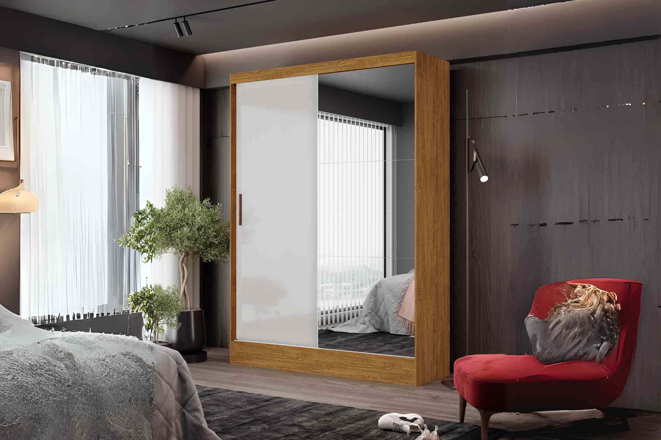 Guarda-Roupa Santiago c/ espelho 2 Portas e 2 Gavetas – Cinamomo/Branco