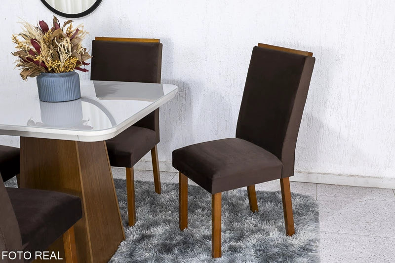 Mesa Jantar Luna Imbuia Tampo Vidro Off Canto Copo 90×90 4 Cadeiras Lunara Veludo Marrom Madeira Maciça Rufato - Móveis furniture
