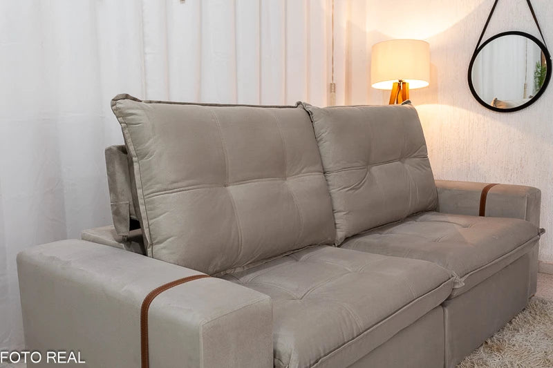 Sofá Retrátil Reclinável 2.50m Santiago Veludo Bege 525 - Molas Ensacadas