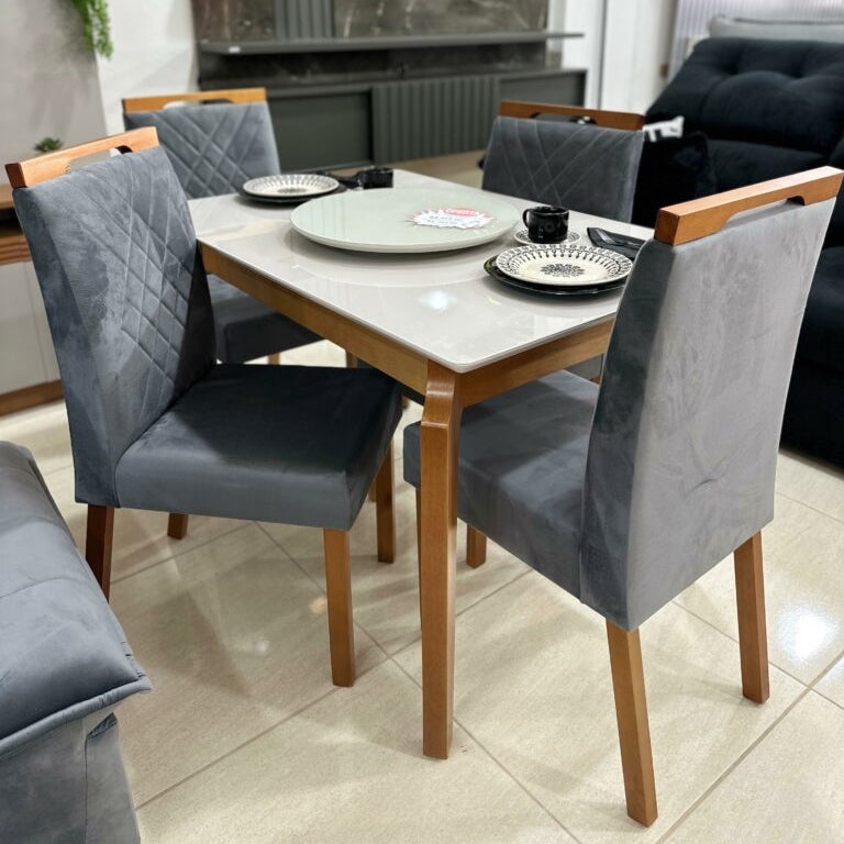 Mesa Egeu 120 Mel/Off White com 4 Helena Mel/Veludo Grafite - Móveis furniture