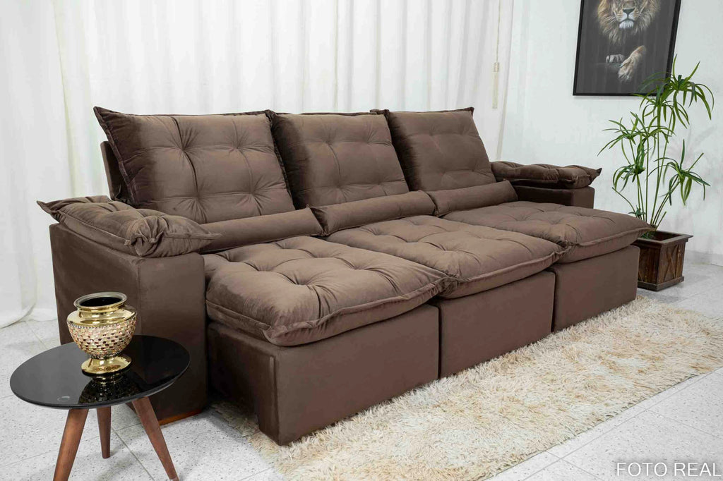 Sofá Retrátil Reclinável Madri 2.70m Veludo Marrom - Móveis furniture