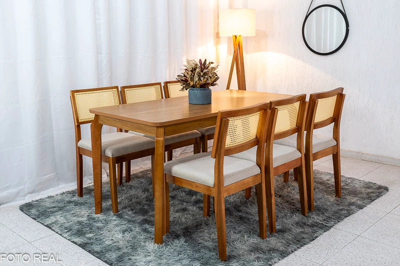 Mesa de Jantar Alegra Tampo Cinamomo 160×80 6 Cadeiras Jade Linho Bege 29011 JCM Madeira Maciça - Móveis furniture