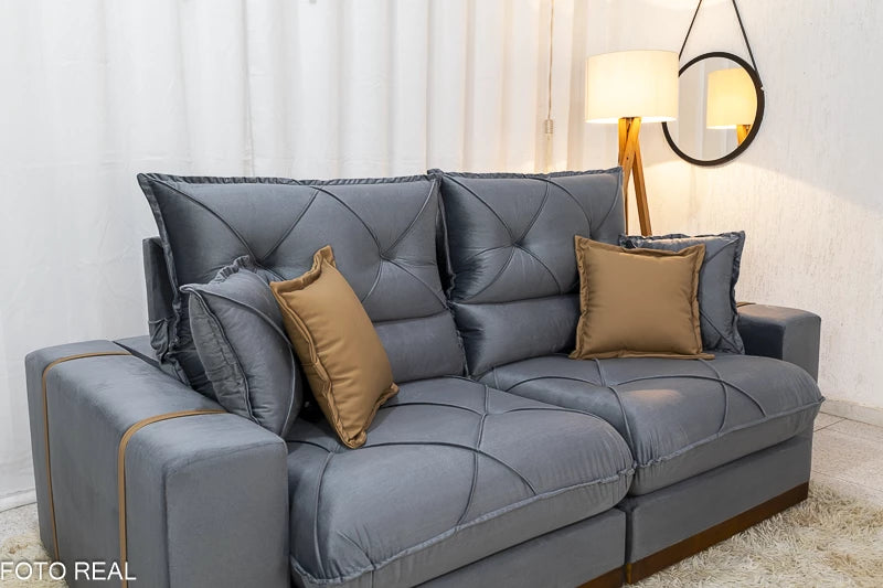 Sofá Retrátil Reclinável Gran Bello 2.30m Veludo Cinza 20 - Molas Ensacadas Pocket