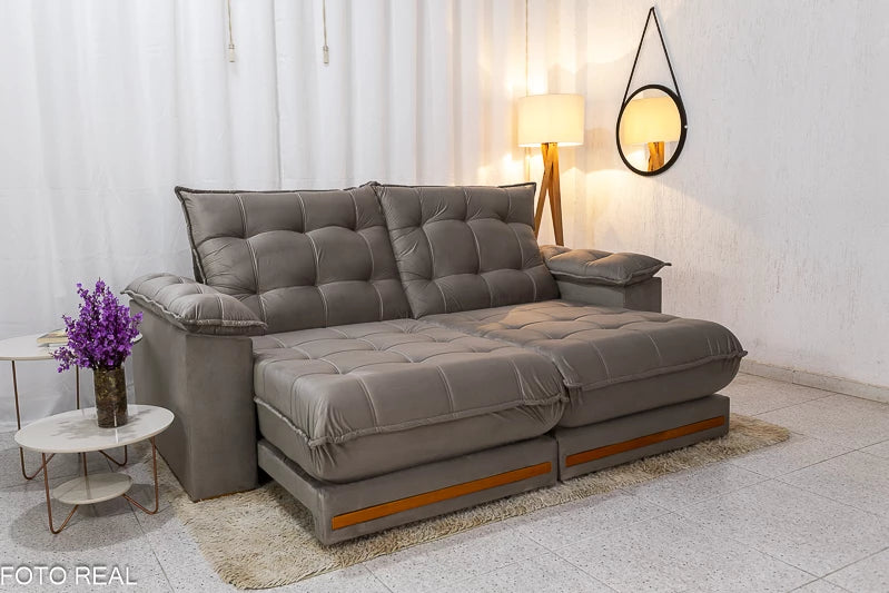 Sofá Retrátil Reclinável Barcelona 2.30m Veludo Cinza - D33 e Molas Ensacadas
