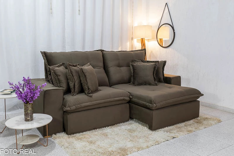 Sofá Retrátil Reclinável Ferrara 2.50m Veludo Marrom D33 e Molas Ensacadas - Móveis furniture