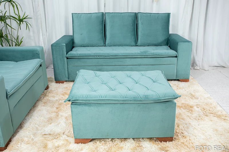 Sofá 3 e 2 lugares França com Puff Veludo Verde A40 - Móveis furniture