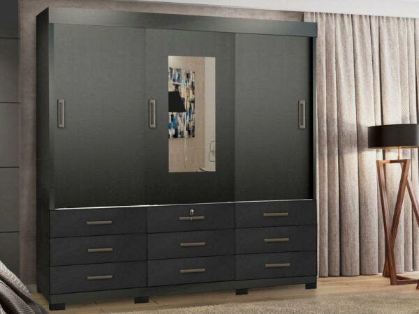 Guarda-Roupa Itapema 2,20m 3 portas de correr com espelho 9 gavetas – Preto - Móveis furniture