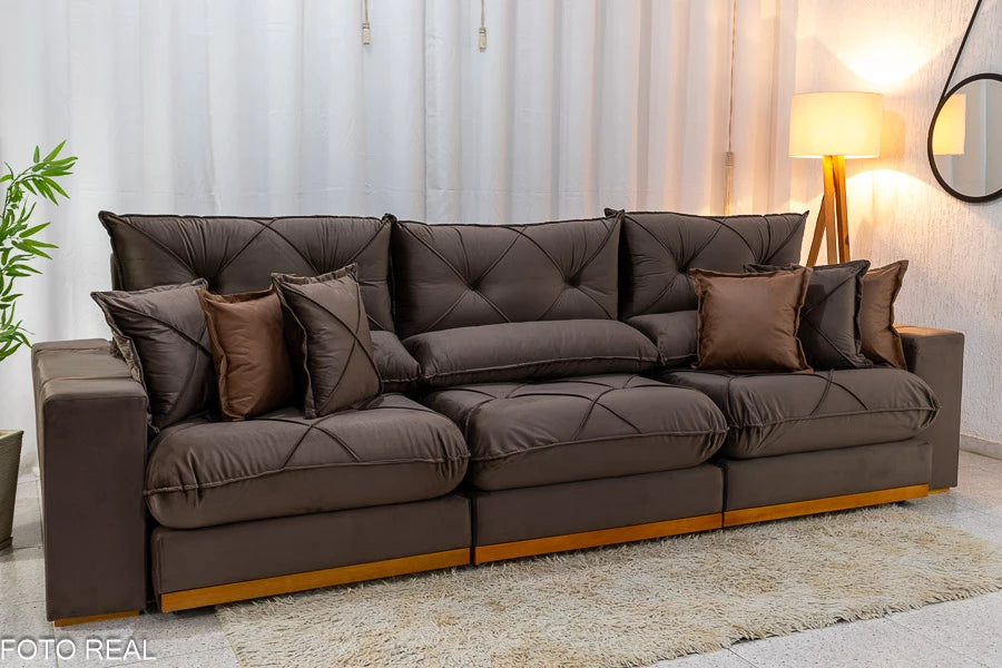 Sofá Retrátil Reclinável Gran Bello 3.20m Veludo Marrom - D33 e Molas Ensacadas