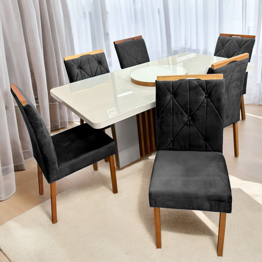 Mesa Astrid (Tampo Maxi) 170 Amêndoa Clean/Off White com 6 Cadeiras Yasmim Veludo Preto – LOPAS + KM DECOR