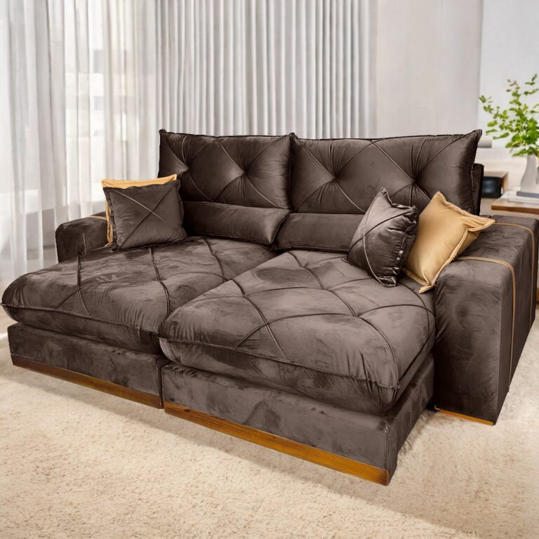 Sofá Retrátil e Reclinável Gran Bello 2,50 m Veludo Marrom – IMPÉRIO DECOR