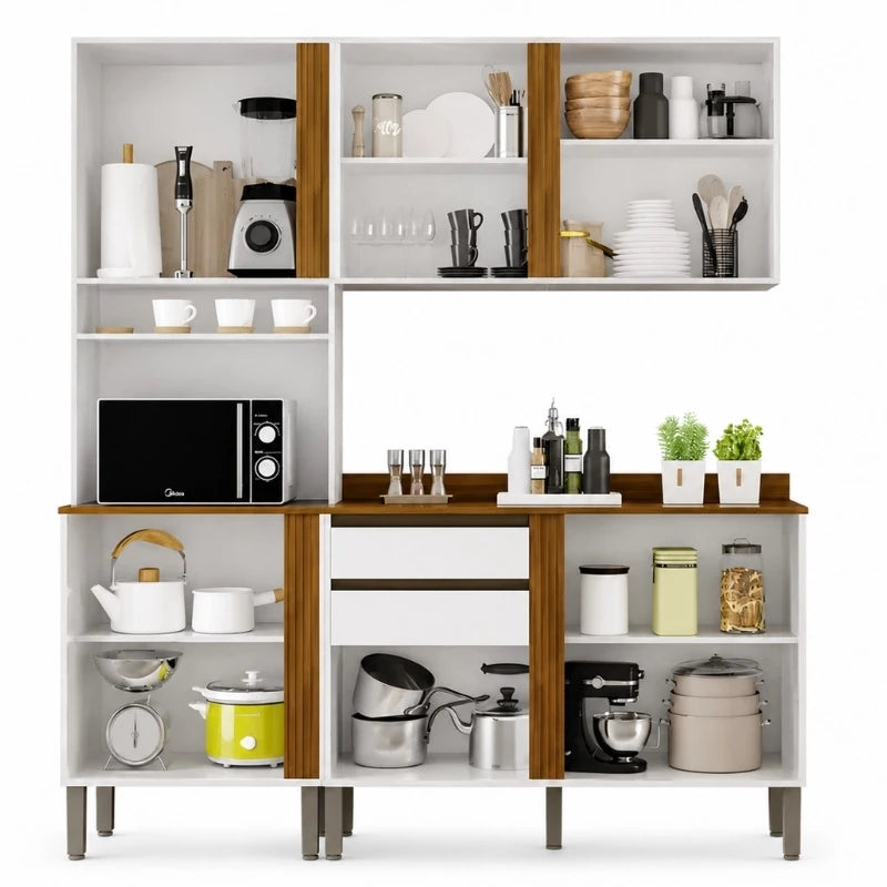 Torre Quente Cozinha Pérola + Balcão 1.20m + Aéreo 2 Portas 1.20m Branco/Cinamomo - Sallêto
