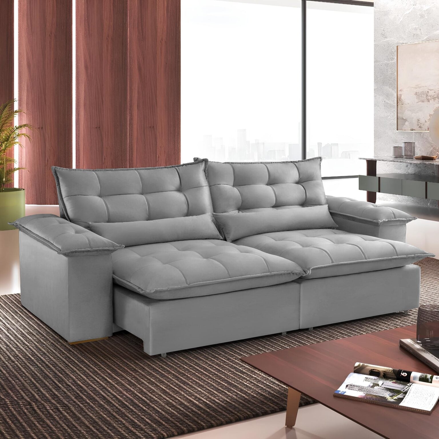 Sofá Retrátil e Reclinável Niger 2,50 m Veludo Cinza B010 – TREVO ESTOFADOS