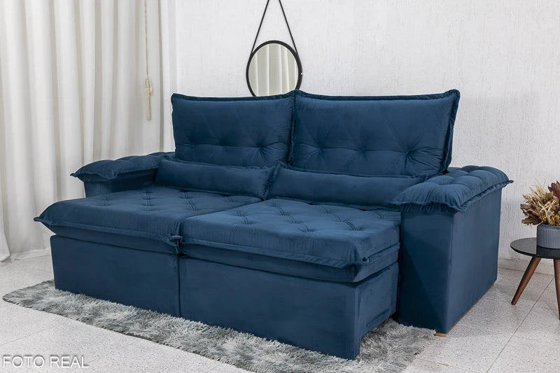 Sofá Retrátil Reclinável Califórnia Veludo Azul 529 Larg. 2.50m - D28 Hiper soft