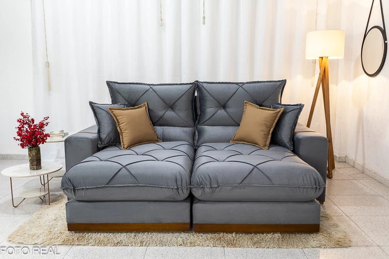 Sofá Retrátil Reclinável 2.30m Gran Bello Veludo Cinza - D33 e Molas Ensacadas - Móveis furniture