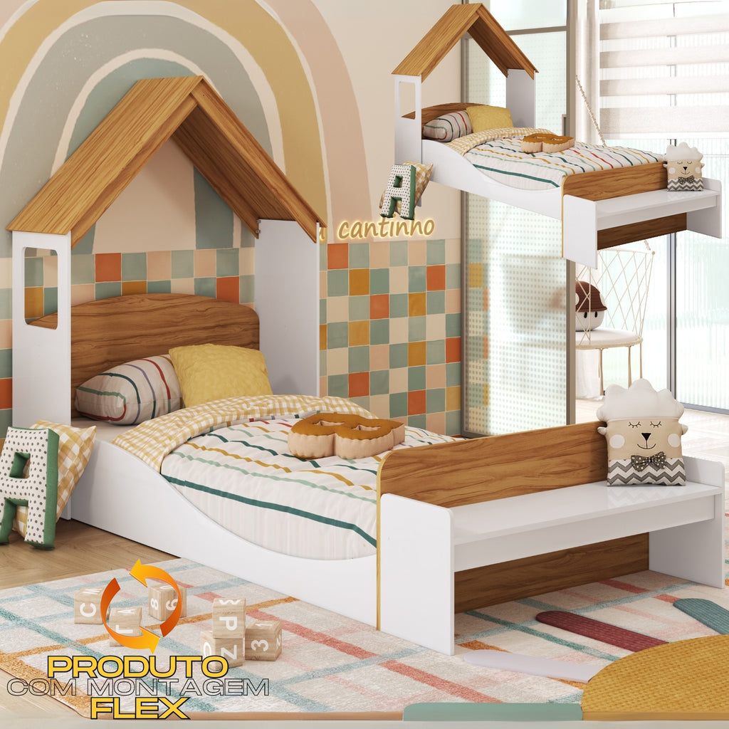 Kit Casinha + Cama Solteiro Lua Branco Brilho/Amêndoa – PEROBA MÓVEIS