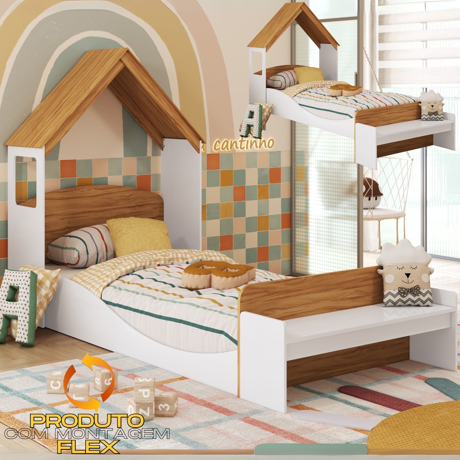 Kit Casinha + Cama Solteiro Lua Branco Brilho/Amêndoa – PEROBA MÓVEIS